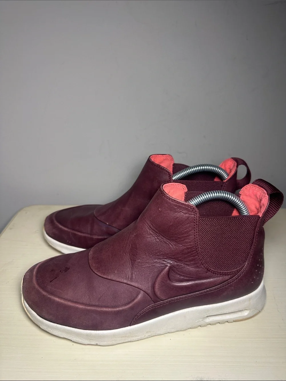 Nike air max Thea mid leather Maroon Slip-On Athletic Boots with Coral Accents